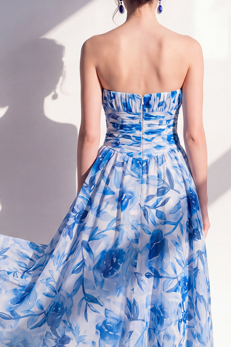 Load image into Gallery viewer, Strapless Blue Flower Ruched A Line Maxi Beach Wedding Guest Dress