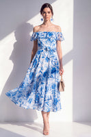 Load image into Gallery viewer, Off the Shoulder A Line Blue Flower Maxi Beach Wedding Guest Dress with Ruffles