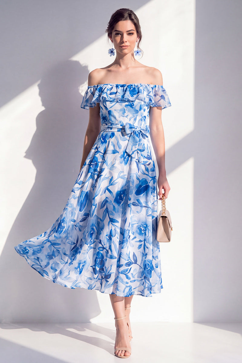 Load image into Gallery viewer, Off the Shoulder A Line Blue Flower Maxi Beach Wedding Guest Dress with Ruffles