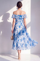 Load image into Gallery viewer, Off the Shoulder A Line Blue Flower Maxi Beach Wedding Guest Dress with Ruffles