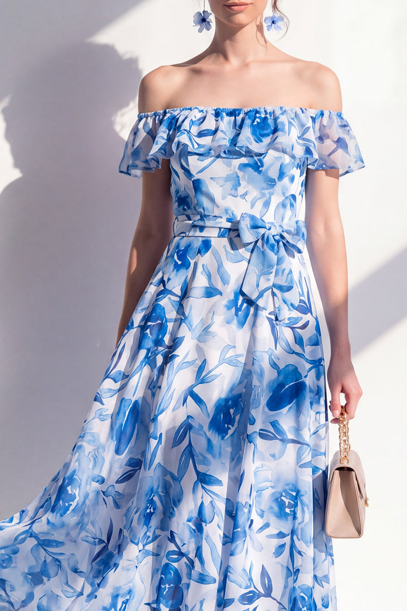 Load image into Gallery viewer, Off the Shoulder A Line Blue Flower Maxi Beach Wedding Guest Dress with Ruffles