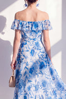 Load image into Gallery viewer, Off the Shoulder A Line Blue Flower Maxi Beach Wedding Guest Dress with Ruffles