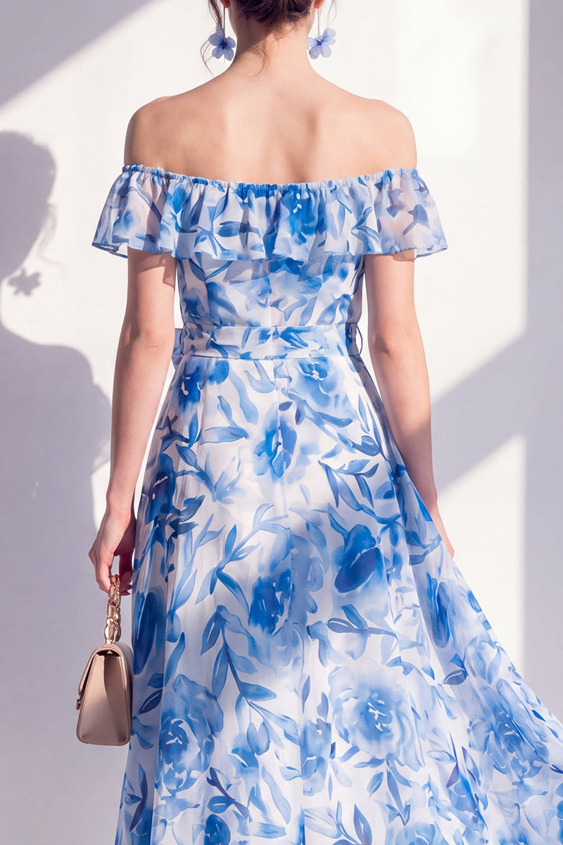 Load image into Gallery viewer, Off the Shoulder A Line Blue Flower Maxi Beach Wedding Guest Dress with Ruffles