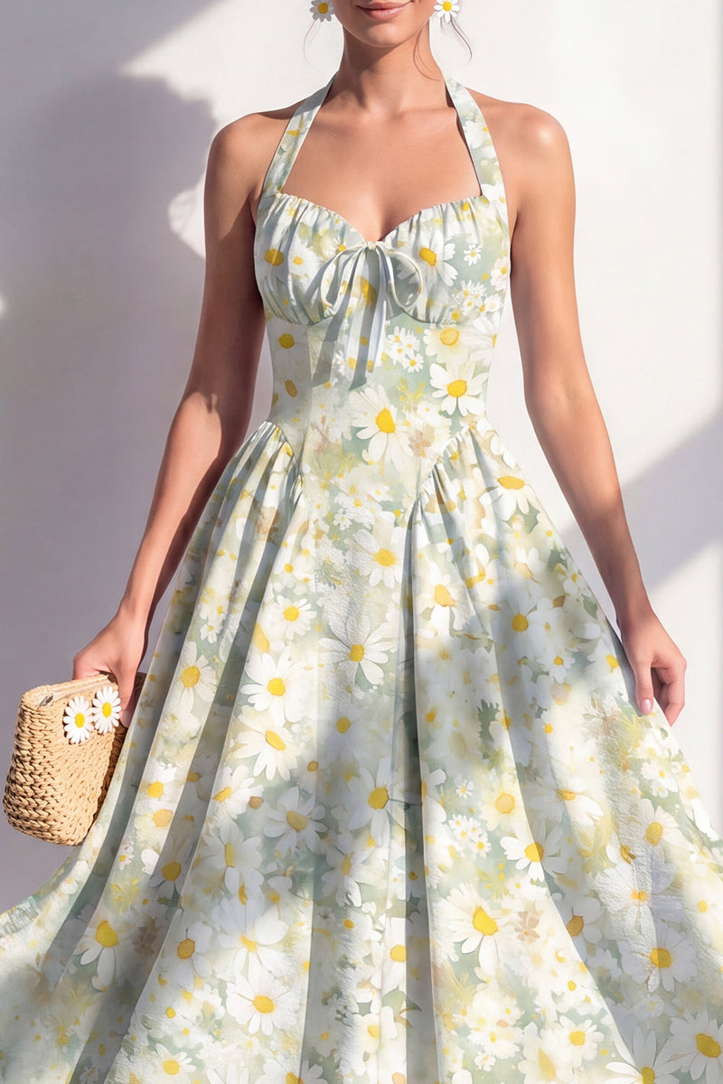 Load image into Gallery viewer, Floral Light Green Halter A Line Maxi Beach Wedding Guest Dress