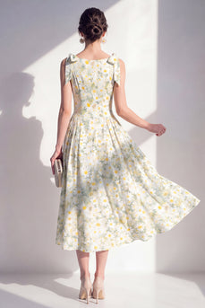 Boat Neck Floral Light Green A Line Maxi Beach Wedding Guest Dress with Bows