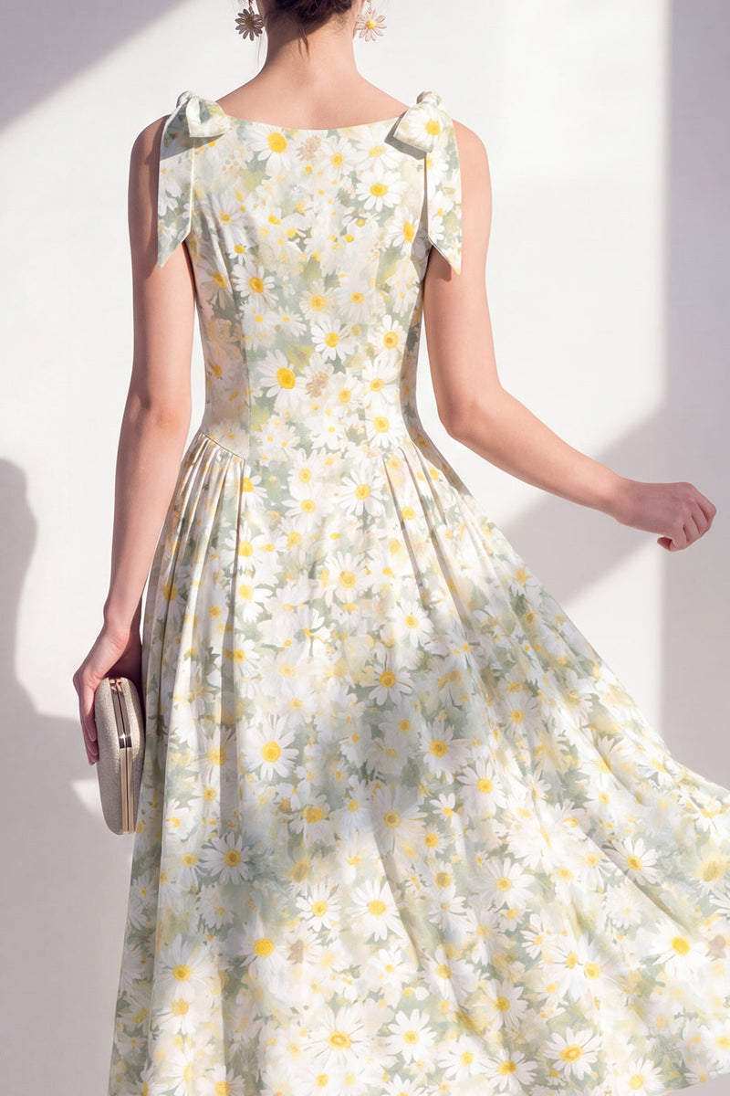 Load image into Gallery viewer, Boat Neck Floral Light Green A Line Maxi Beach Wedding Guest Dress with Bows