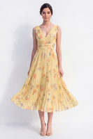 Load image into Gallery viewer, Floral Ruched Butter Yellow A Line Maxi Beach Wedding Guest Dress with Pleats