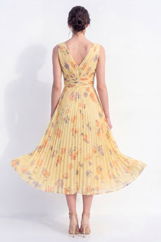 Floral Ruched Butter Yellow A Line Maxi Beach Wedding Guest Dress with Pleats