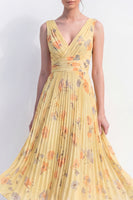 Load image into Gallery viewer, Floral Ruched Butter Yellow A Line Maxi Beach Wedding Guest Dress with Pleats