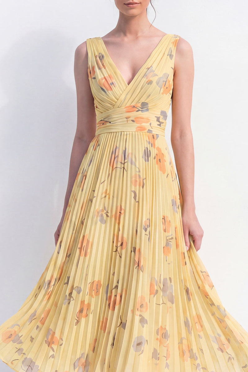 Load image into Gallery viewer, Floral Ruched Butter Yellow A Line Maxi Beach Wedding Guest Dress with Pleats