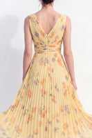 Load image into Gallery viewer, Floral Ruched Butter Yellow A Line Maxi Beach Wedding Guest Dress with Pleats