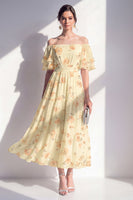Load image into Gallery viewer, Off the Shoulder Butter Yellow A Line Floral Maxi Beach Wedding Guest Dress