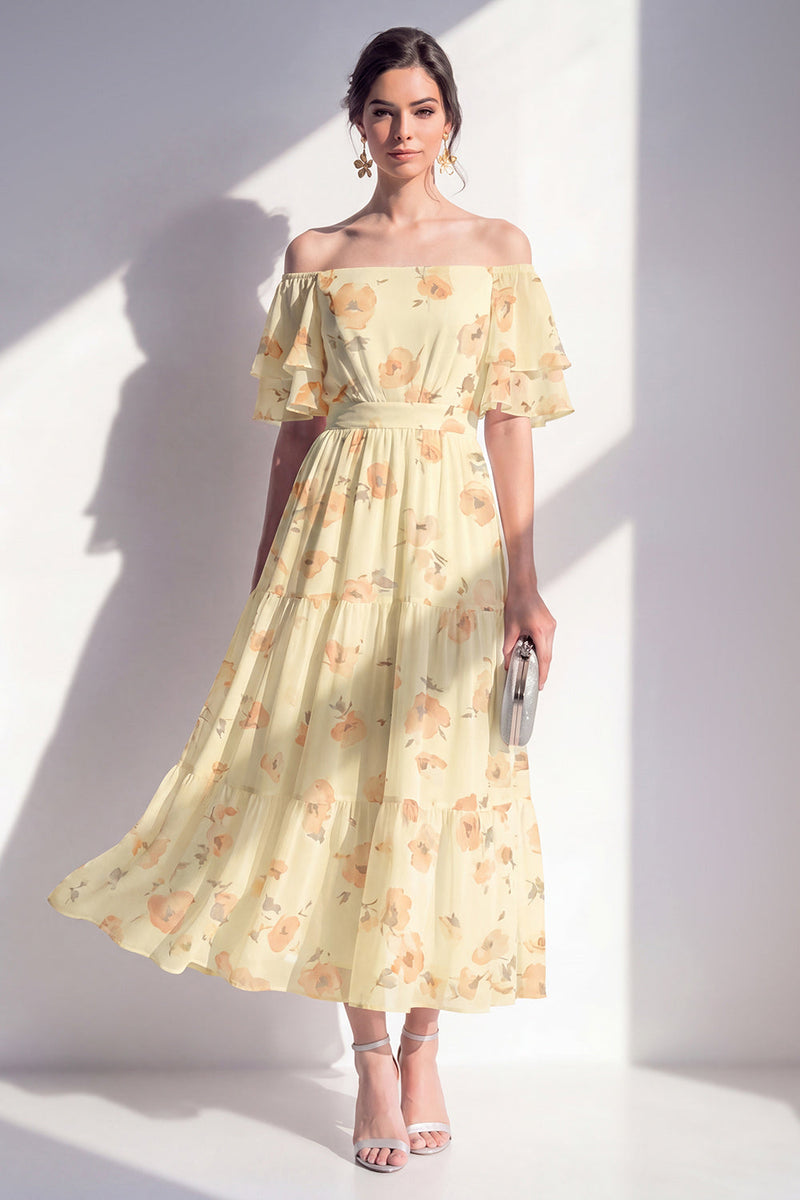 Load image into Gallery viewer, Off the Shoulder Butter Yellow A Line Floral Maxi Beach Wedding Guest Dress