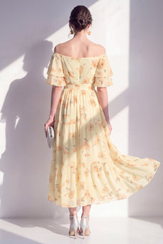 Off the Shoulder Butter Yellow A Line Floral Maxi Beach Wedding Guest Dress
