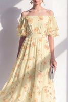 Load image into Gallery viewer, Off the Shoulder Butter Yellow A Line Floral Maxi Beach Wedding Guest Dress