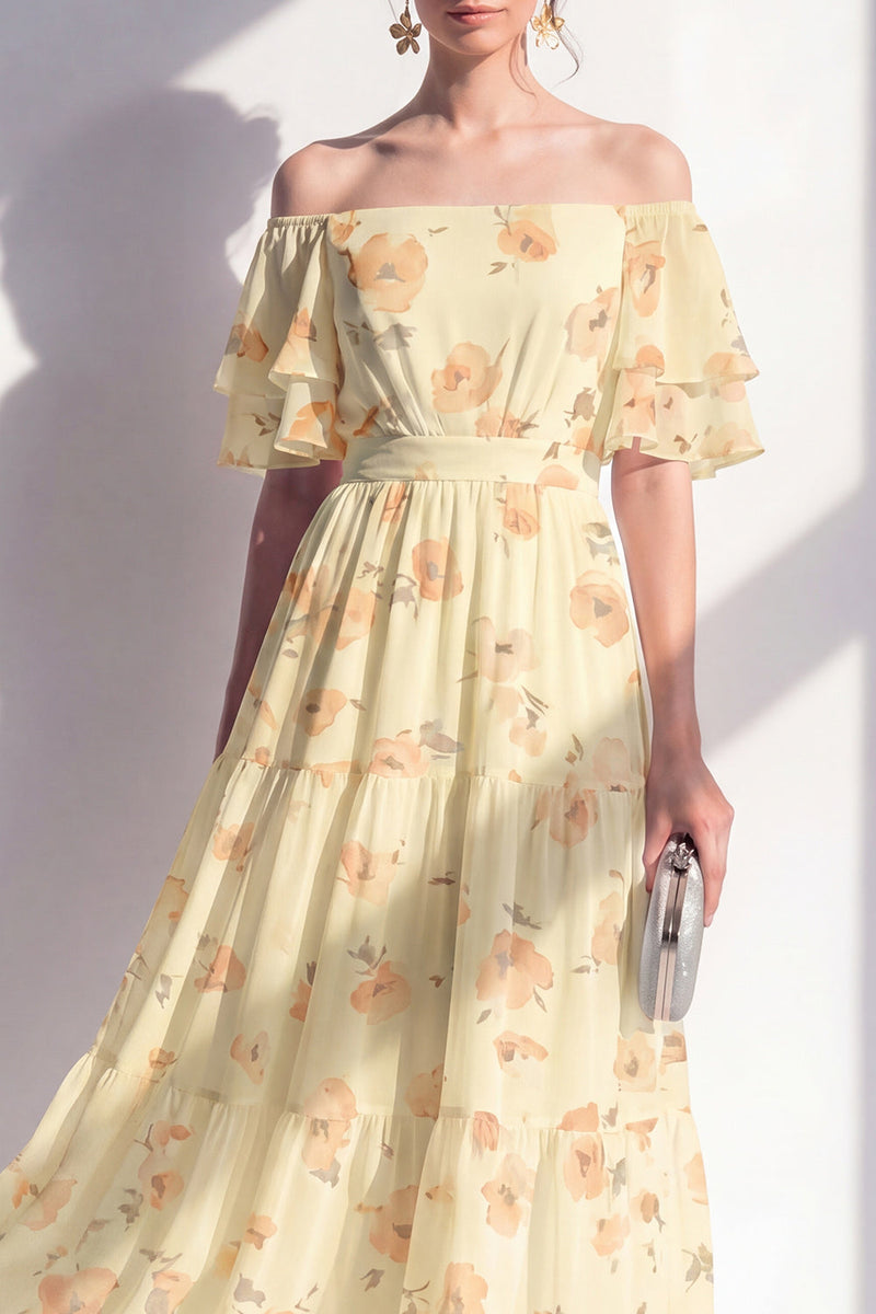 Load image into Gallery viewer, Off the Shoulder Butter Yellow A Line Floral Maxi Beach Wedding Guest Dress