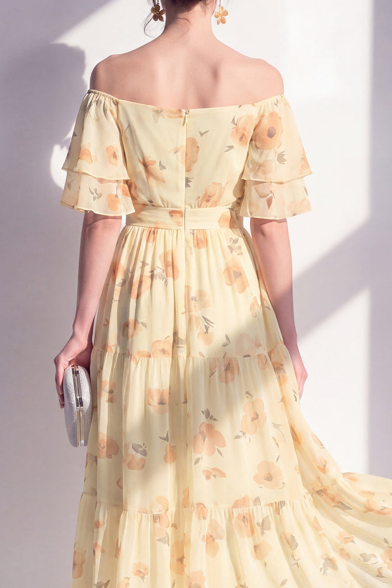 Load image into Gallery viewer, Off the Shoulder Butter Yellow A Line Floral Maxi Beach Wedding Guest Dress