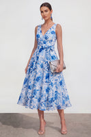 Load image into Gallery viewer, Purple Flower A Line V-Neck Maxi Beach Wedding Guest Dress with Bow