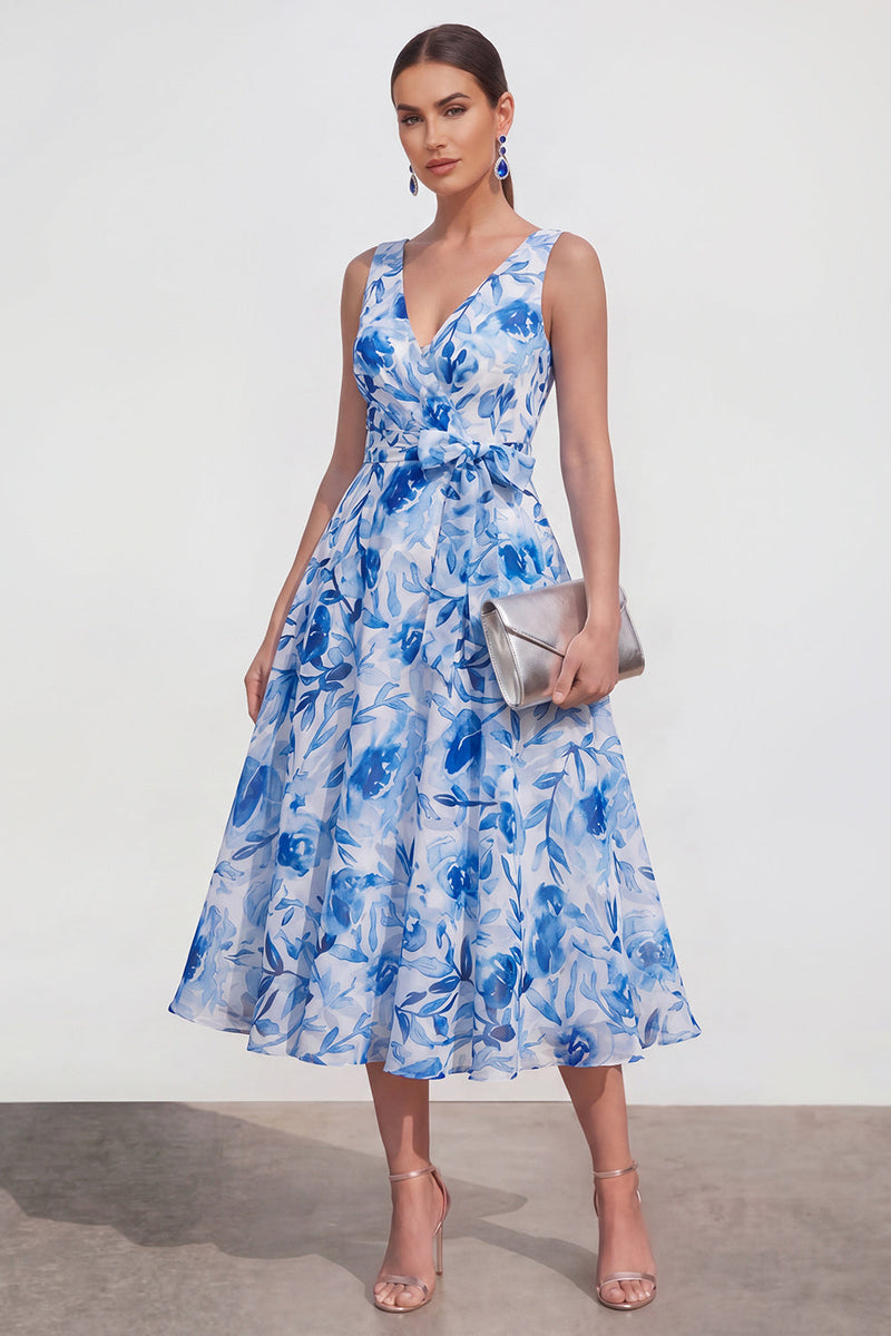 Load image into Gallery viewer, Purple Flower A Line V-Neck Maxi Beach Wedding Guest Dress with Bow