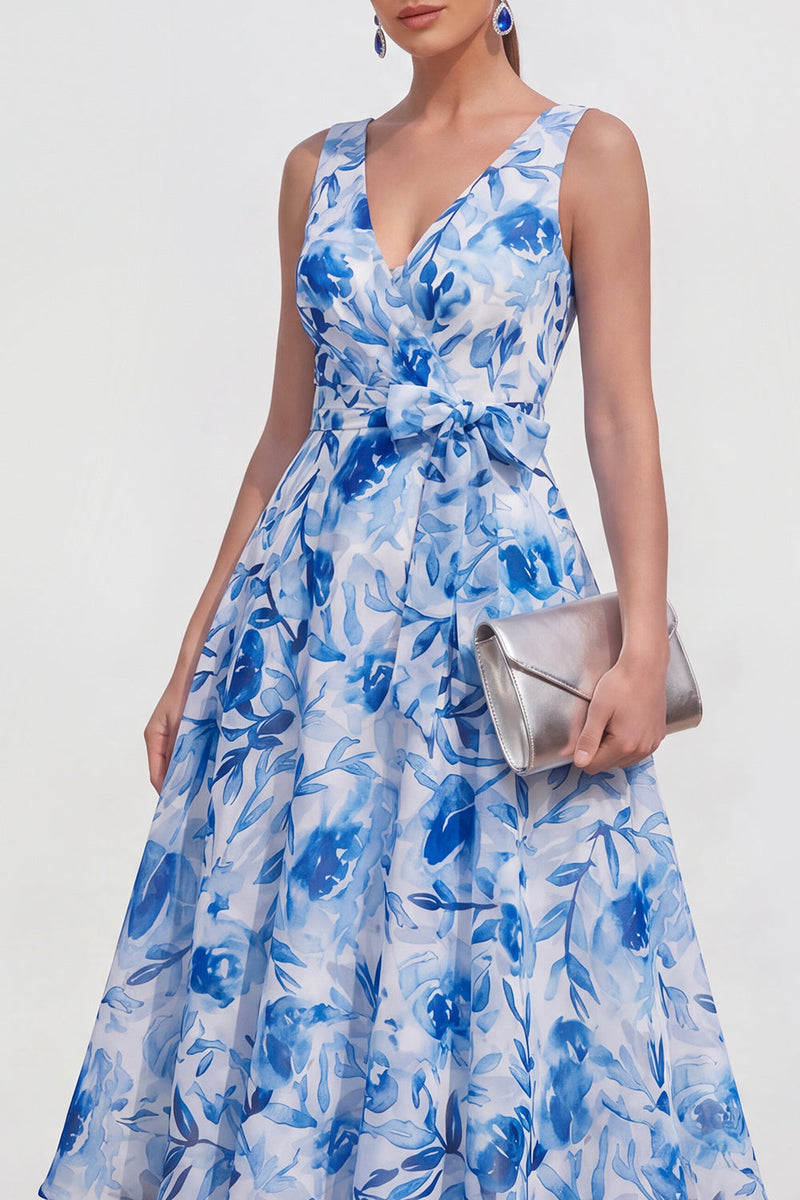 Load image into Gallery viewer, Purple Flower A Line V-Neck Maxi Beach Wedding Guest Dress with Bow