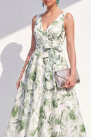 Load image into Gallery viewer, Purple Flower A Line V-Neck Maxi Beach Wedding Guest Dress with Bow
