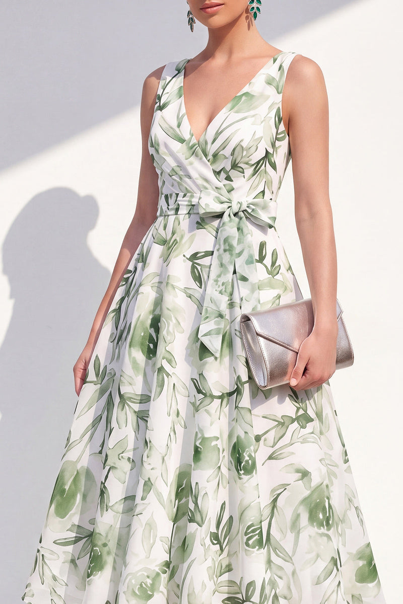 Load image into Gallery viewer, Purple Flower A Line V-Neck Maxi Beach Wedding Guest Dress with Bow