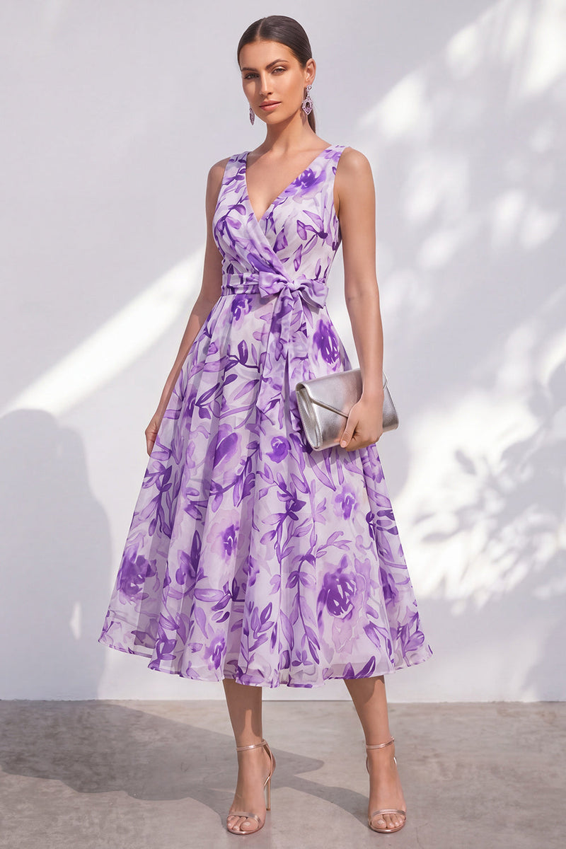 Load image into Gallery viewer, Purple Flower A Line V-Neck Maxi Beach Wedding Guest Dress with Bow