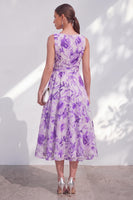 Load image into Gallery viewer, Purple Flower A Line V-Neck Maxi Beach Wedding Guest Dress with Bow