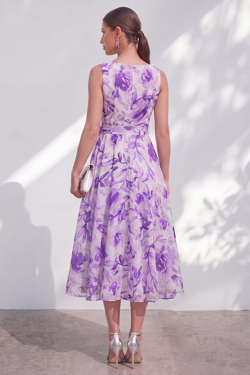 Load image into Gallery viewer, Purple Flower A Line V-Neck Maxi Beach Wedding Guest Dress with Bow