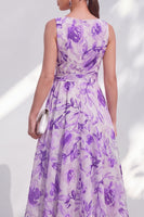 Load image into Gallery viewer, Purple Flower A Line V-Neck Maxi Beach Wedding Guest Dress with Bow