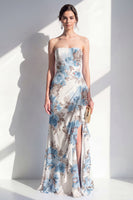 Load image into Gallery viewer, Mermaid Blue Flower Ruched Beach Wedding Guest Dress with Ruffles