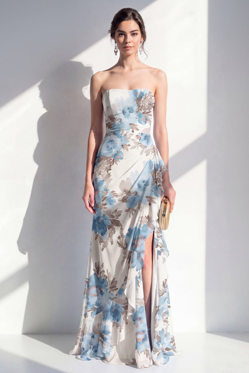 Load image into Gallery viewer, Mermaid Blue Flower Ruched Beach Wedding Guest Dress with Ruffles