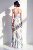 Load image into Gallery viewer, Mermaid Blue Flower Ruched Beach Wedding Guest Dress with Ruffles