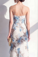 Load image into Gallery viewer, Mermaid Blue Flower Ruched Beach Wedding Guest Dress with Ruffles