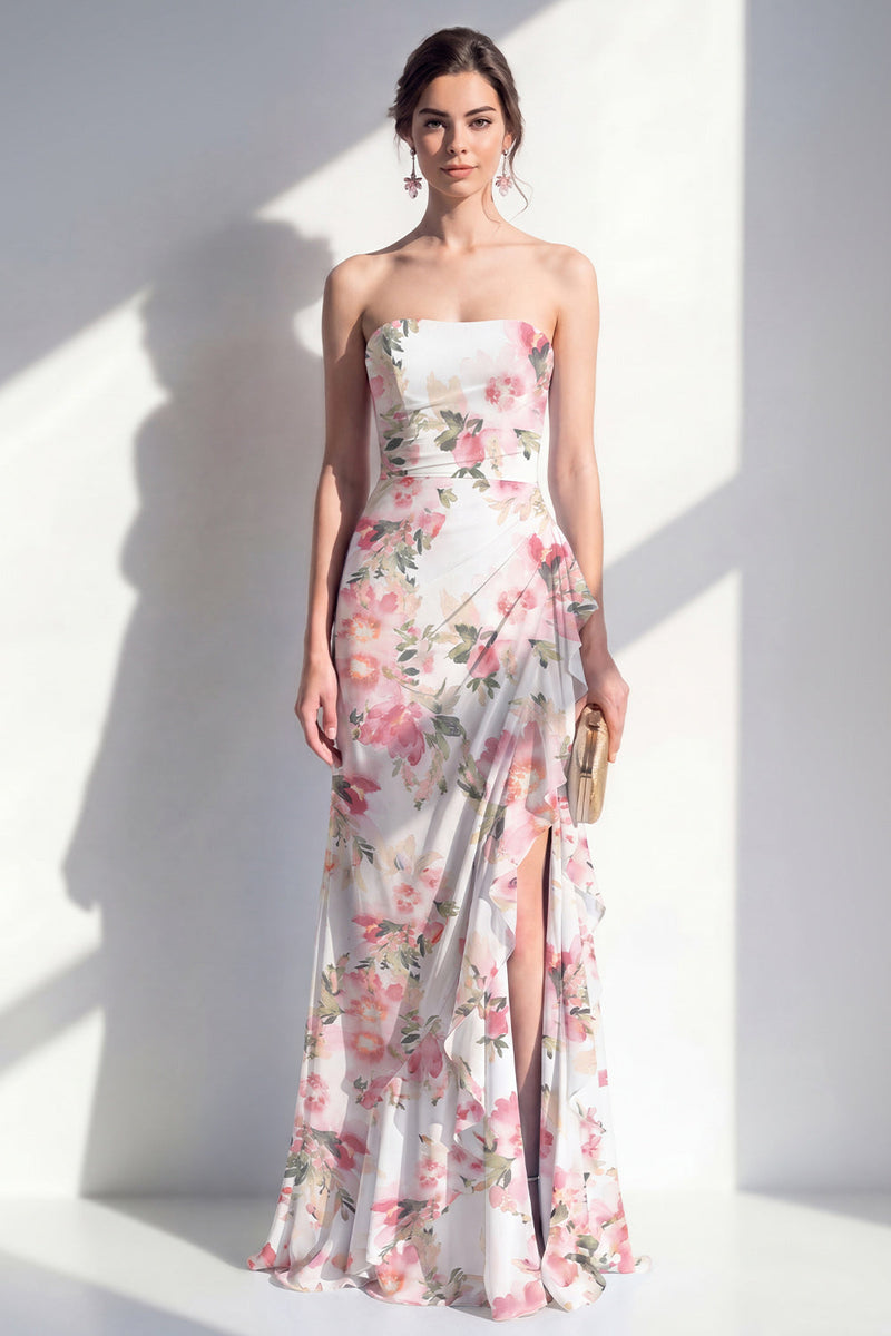 Load image into Gallery viewer, Mermaid Blue Flower Ruched Beach Wedding Guest Dress with Ruffles