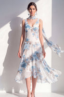 Load image into Gallery viewer, A Line V-Neck Blue Flower Beach Wedding Guest Dress