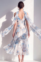 Load image into Gallery viewer, A Line V-Neck Blue Flower Beach Wedding Guest Dress