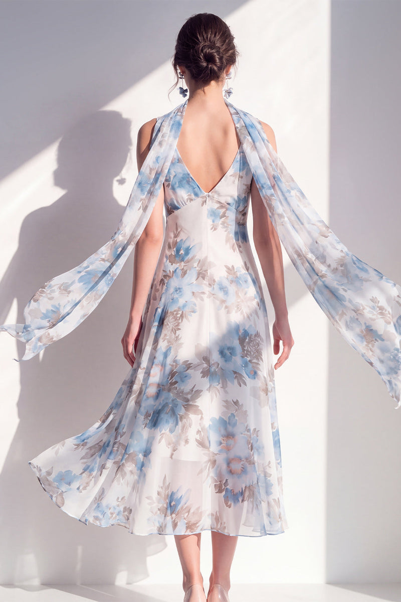 Load image into Gallery viewer, A Line V-Neck Blue Flower Beach Wedding Guest Dress