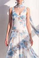 Load image into Gallery viewer, A Line V-Neck Blue Flower Beach Wedding Guest Dress