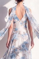 Load image into Gallery viewer, A Line V-Neck Blue Flower Beach Wedding Guest Dress