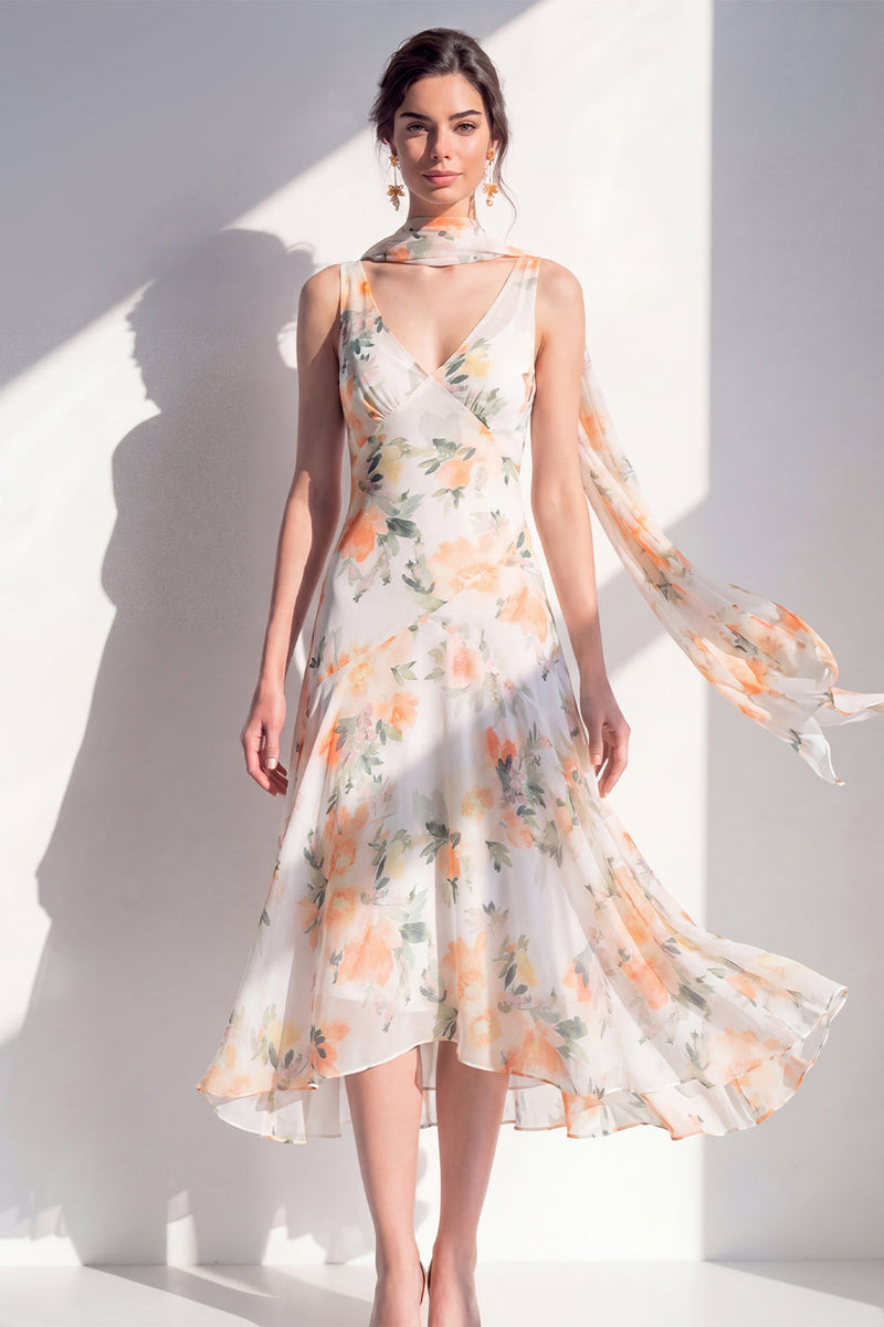 Load image into Gallery viewer, A Line V-Neck Blue Flower Beach Wedding Guest Dress
