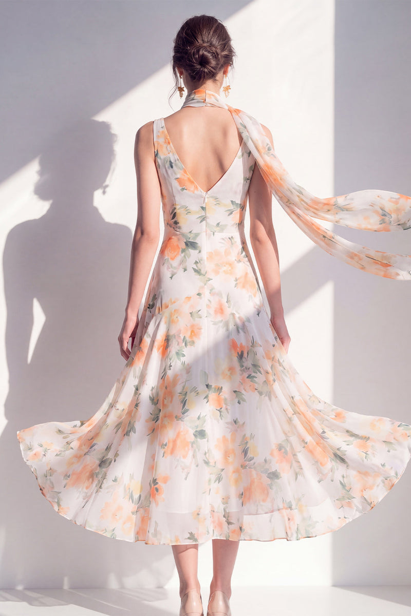 Load image into Gallery viewer, A Line V-Neck Blue Flower Beach Wedding Guest Dress