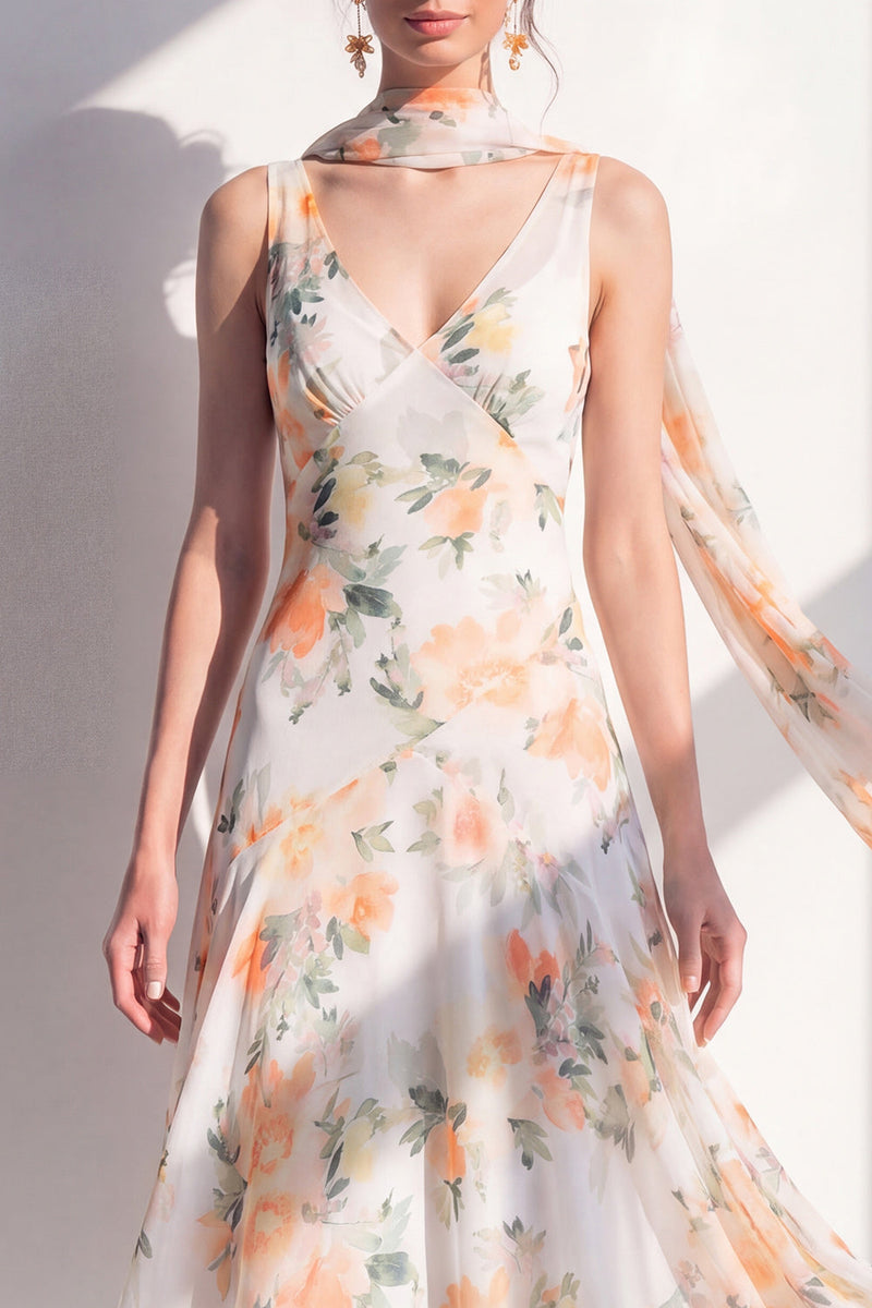 Load image into Gallery viewer, A Line V-Neck Blue Flower Beach Wedding Guest Dress