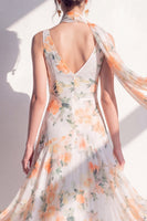 Load image into Gallery viewer, A Line V-Neck Blue Flower Beach Wedding Guest Dress