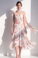 Load image into Gallery viewer, A Line V-Neck Blue Flower Beach Wedding Guest Dress