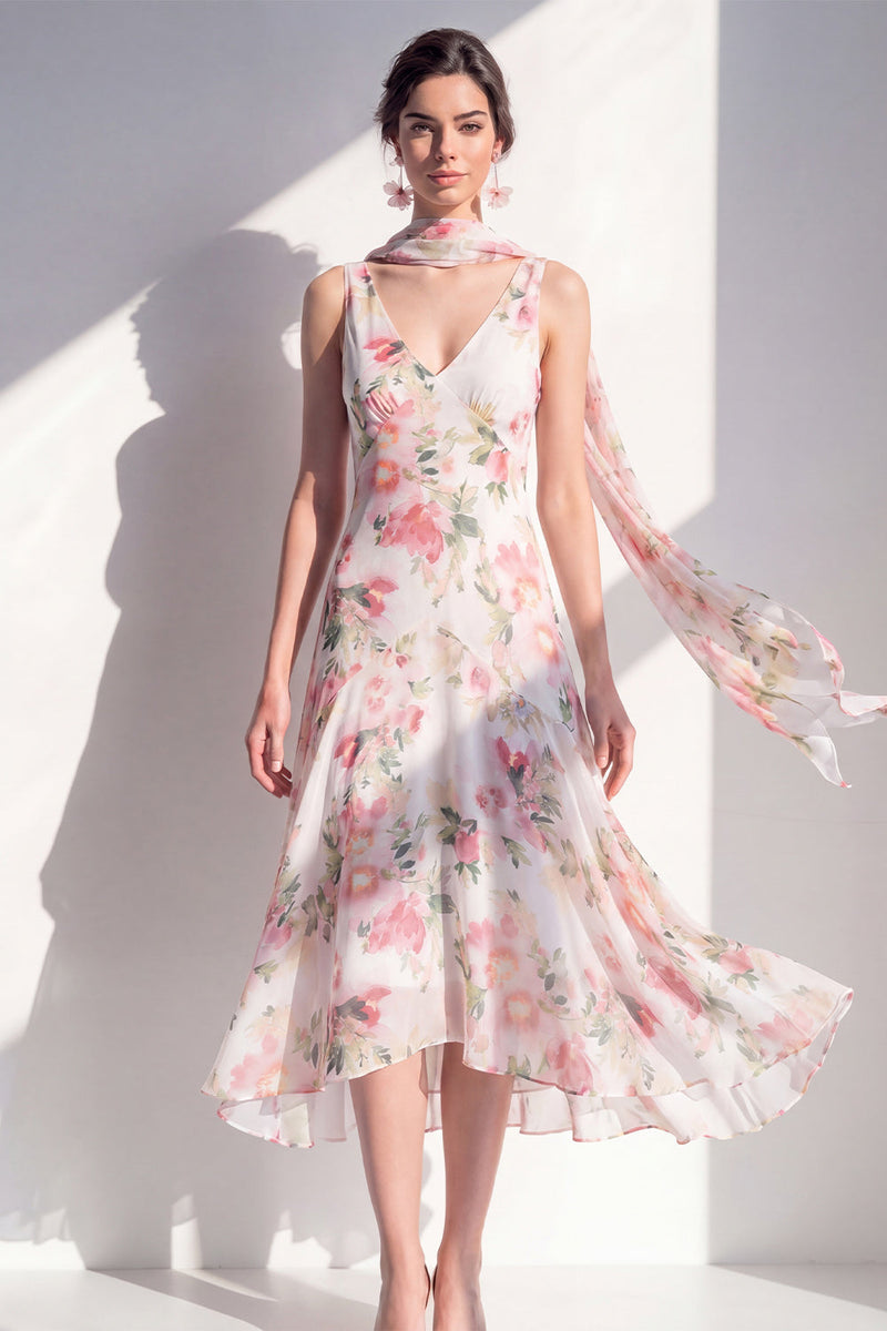 Load image into Gallery viewer, A Line V-Neck Blue Flower Beach Wedding Guest Dress