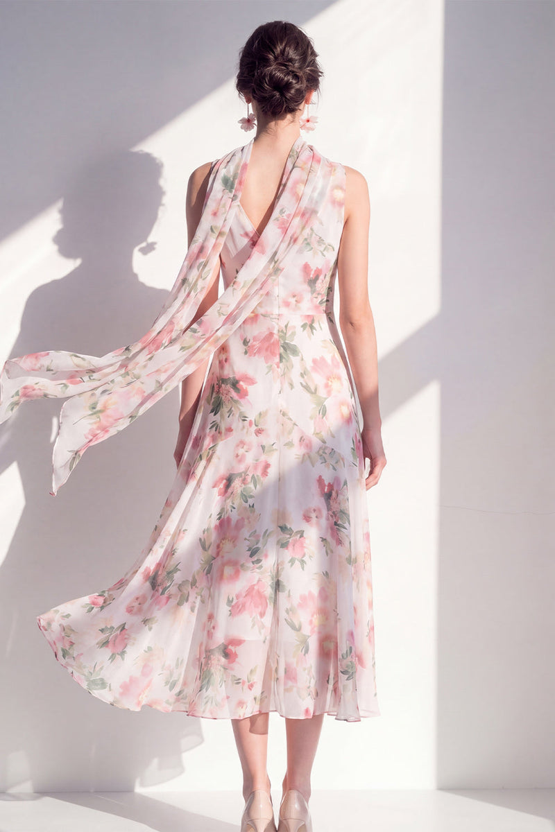 Load image into Gallery viewer, A Line V-Neck Blue Flower Beach Wedding Guest Dress