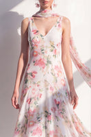 Load image into Gallery viewer, A Line V-Neck Blue Flower Beach Wedding Guest Dress