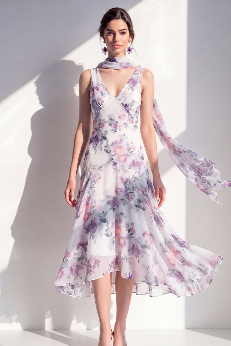 Load image into Gallery viewer, A Line V-Neck Blue Flower Beach Wedding Guest Dress