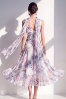 Load image into Gallery viewer, A Line V-Neck Blue Flower Beach Wedding Guest Dress